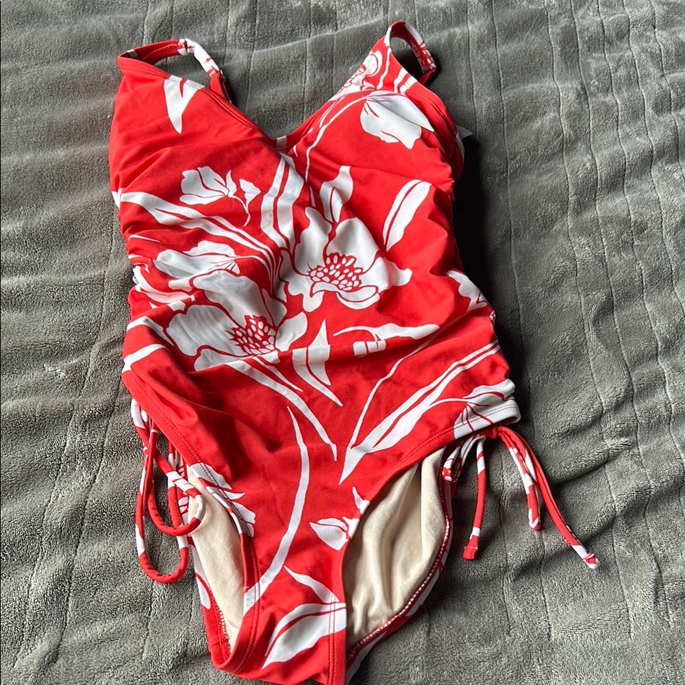 Kona Sol Red and White One Piece Swimsuit with V-Neckline